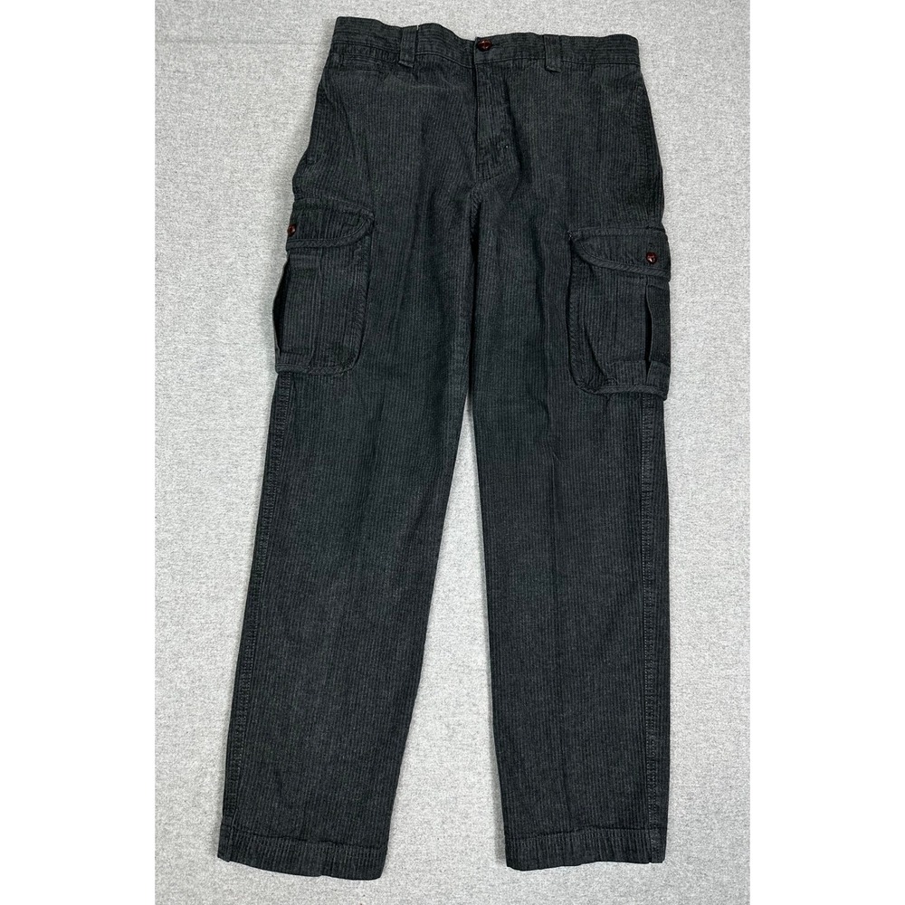 Chaps Cargo Pants Mens 33x32 Gray Herringbone Leather Buttons Cotton Straight